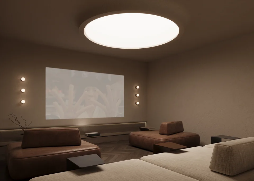T&eacute;r Heritage cinema pod interior with warm finishes and layered ambient lighting