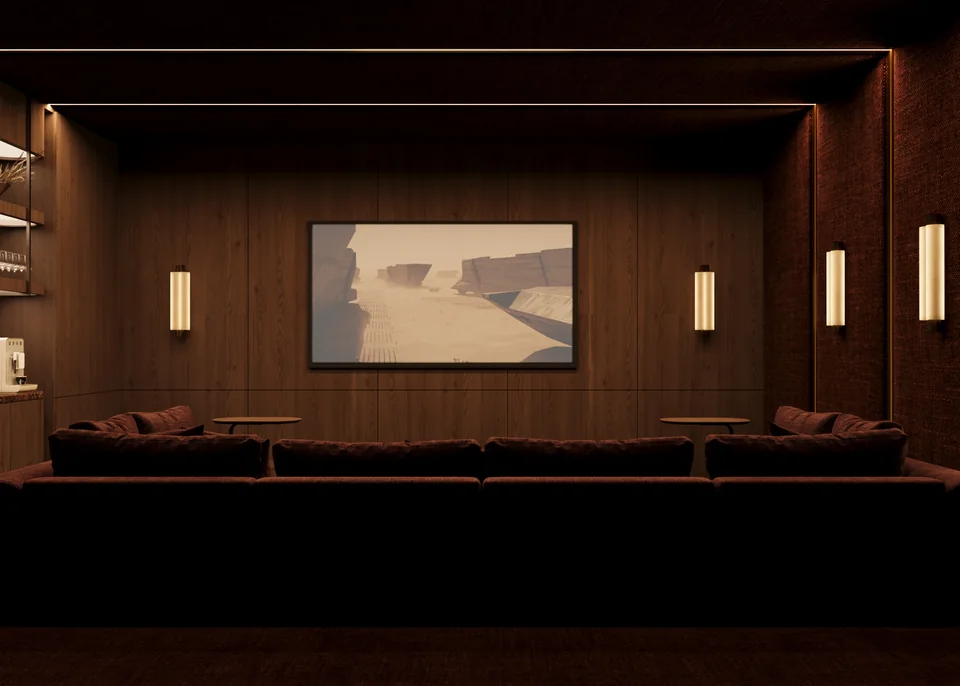 T&eacute;r Noir cinema pod interior with dark finishes and high-contrast ambient lighting
