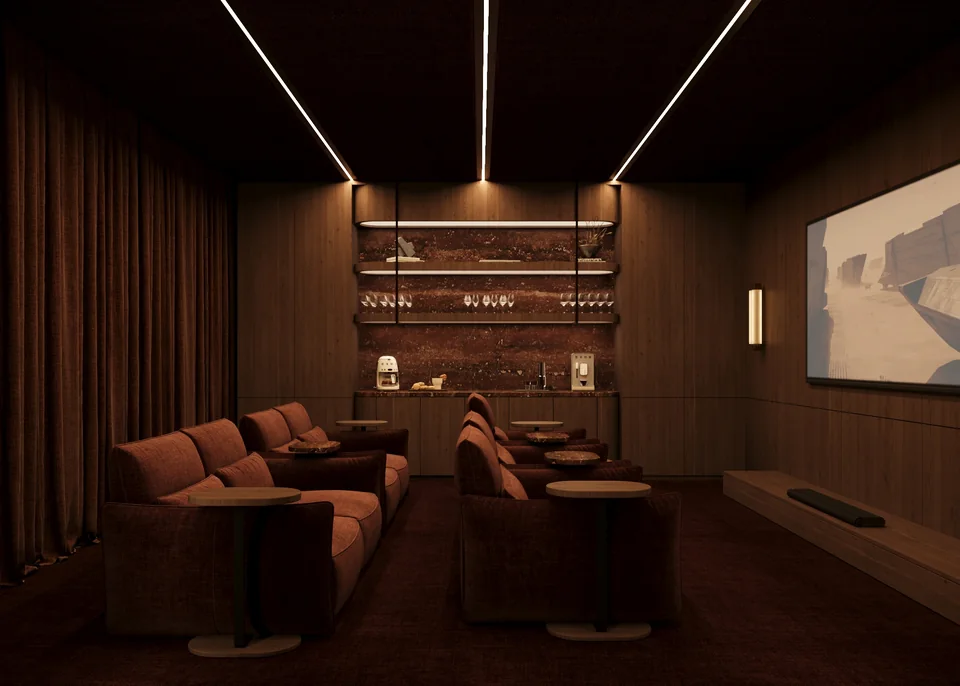 Dark and immersive Tér Noir cinema interior