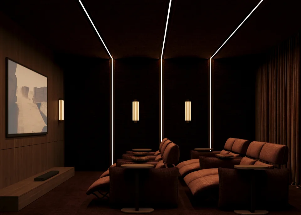 Dark and immersive Tér Noir cinema interior