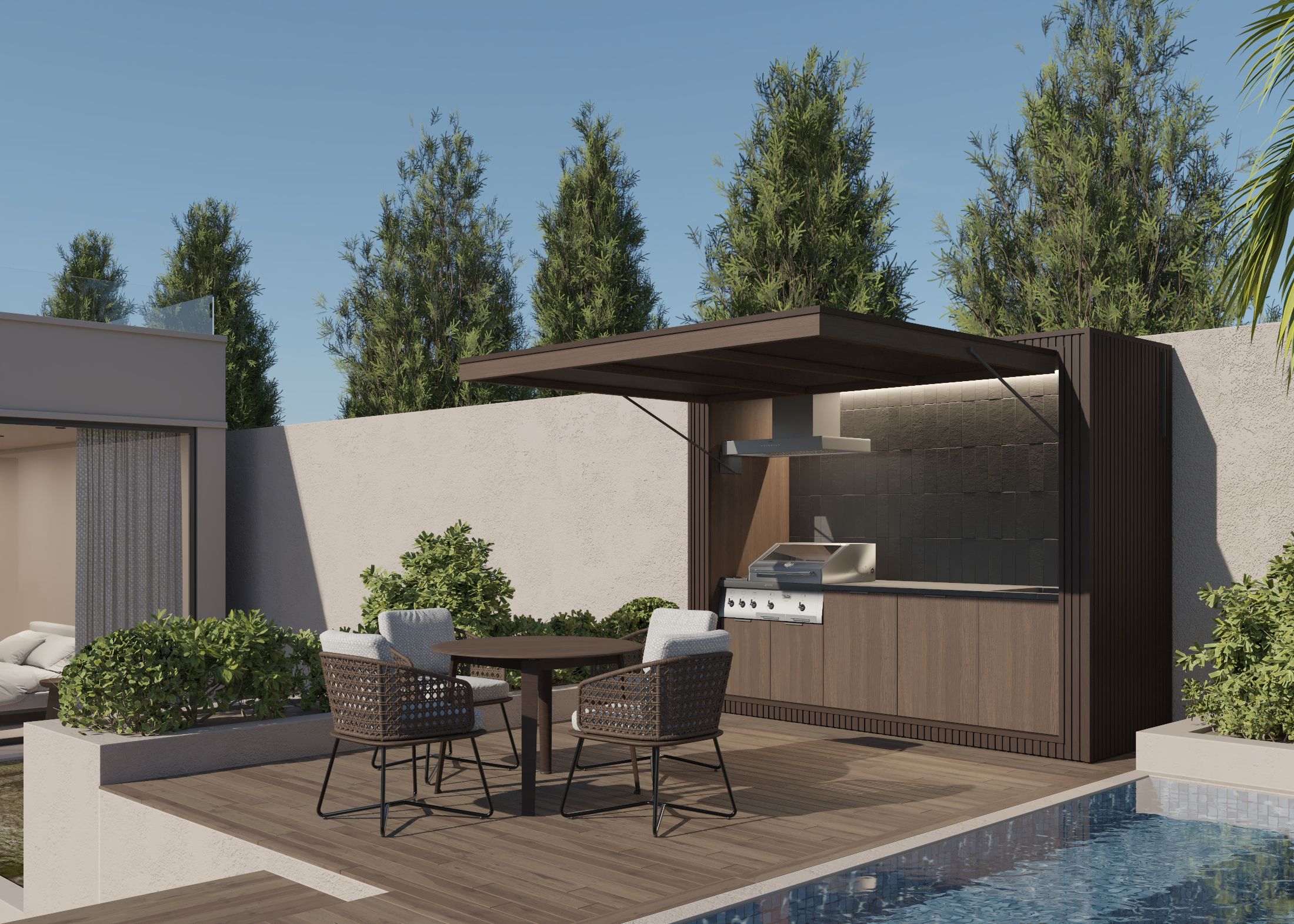 Dual Pitch Pod by the water with outdoor lounge