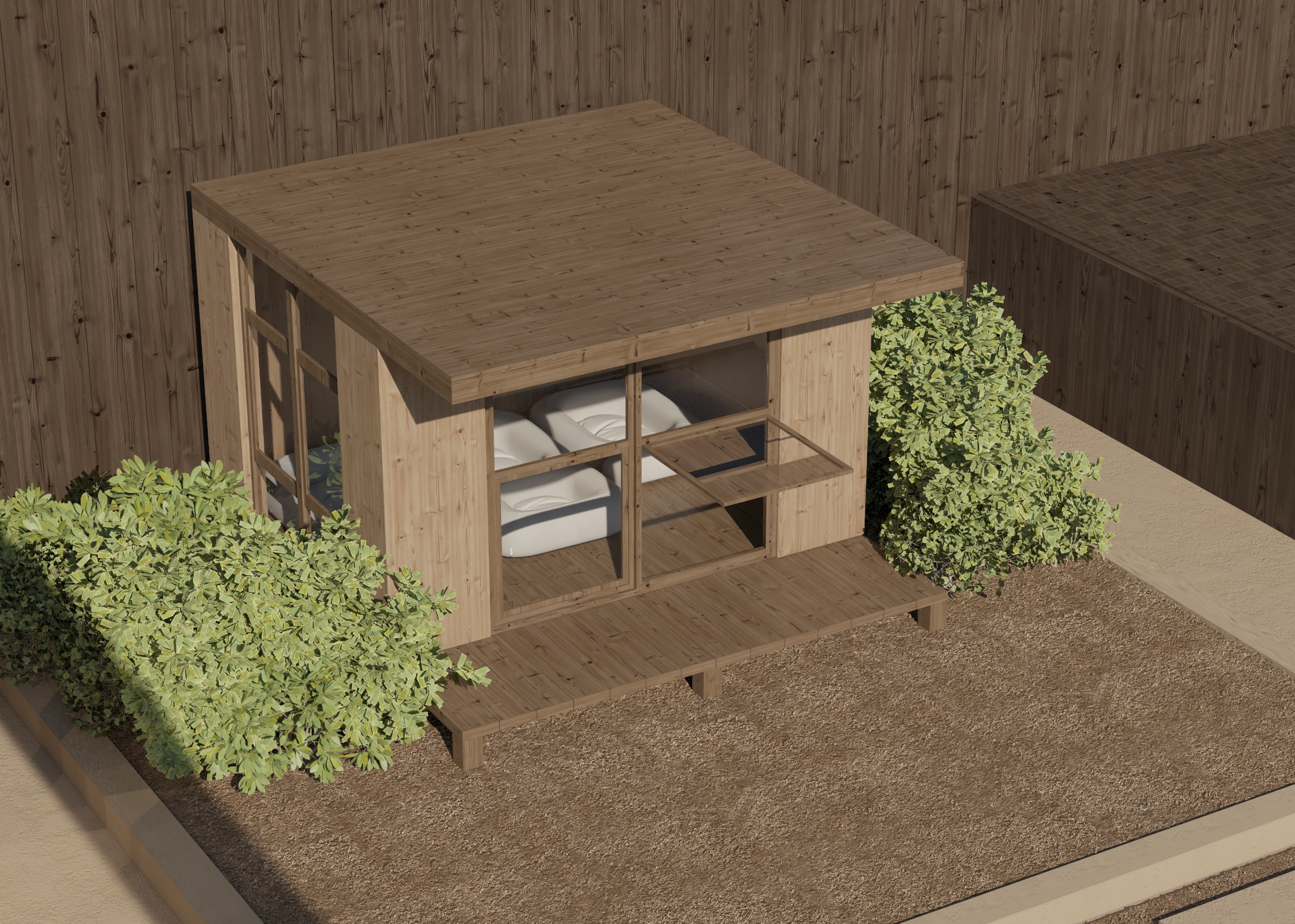 Dual Pitch Pod by the water with outdoor lounge