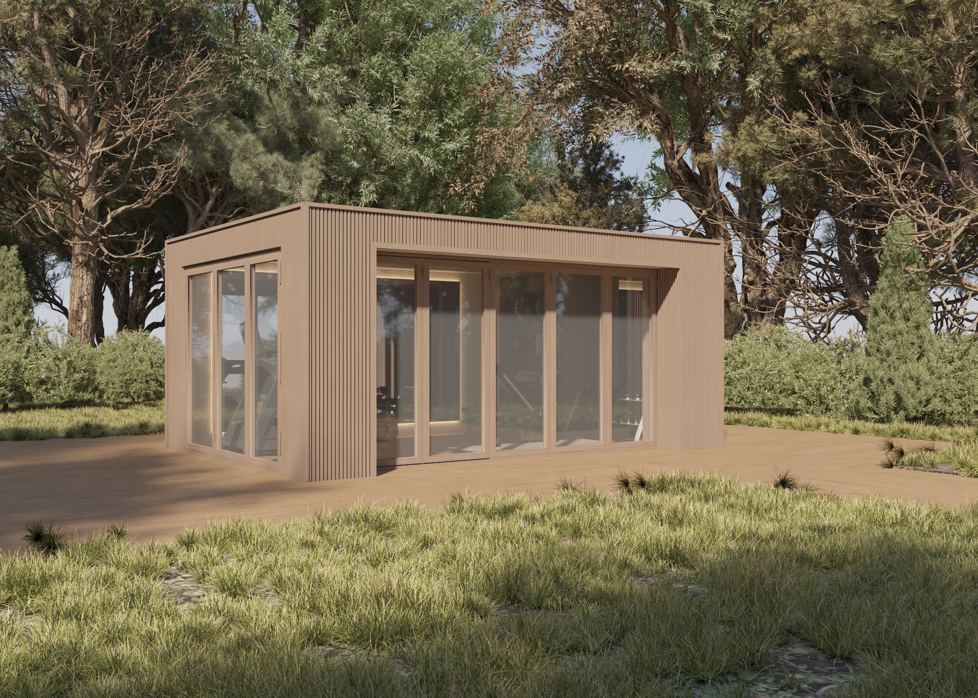 Dual Pitch Pod by the water with outdoor lounge